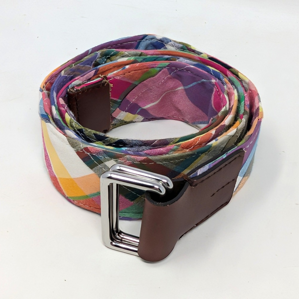 Brooks Brothers Madras Plaid D-Ring Belt Mens Medium Multi Color Leather Trim